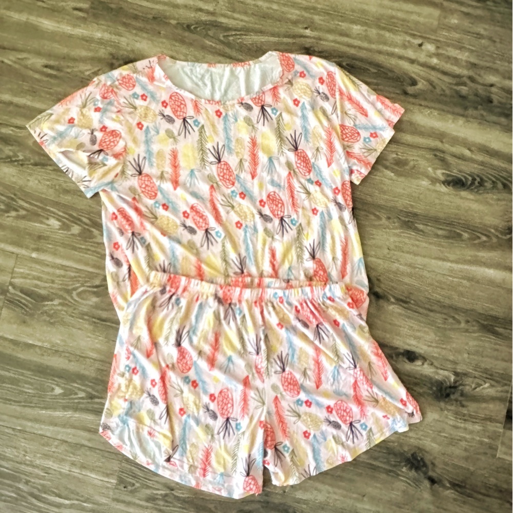 SHEIN Pink and Yellow Pajama Set with Vibrant Pineapple Print